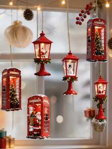 2D Flat Wooden Christmas Hanging Decor, Red London Telephone Booth & Street Lamp Pendant, Christmas Decoration, Santa Claus Snowman Mini Christmas Tree Ornament, Winter Holiday Window & Door Hanging Sign, Festive Wooden Christmas Tree Home Party Gift Decor - Multicolor - View 5