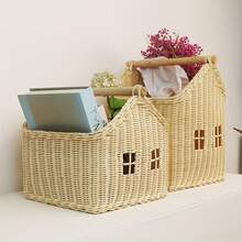 1pc Nordic Rattan House-Shaped Decorative Basket – Handwoven Storage Organizer With Window View For Desktop, Toys, And Home Decor, Natural Beige Color, Open Top Design, Cute Storage, Shelf Baskets - Original Rattan Color - S - View 2