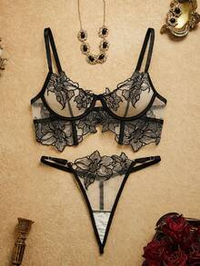 PinupPomp 5pcs Floral Embroidery Mesh Sexy Lingerie Set For Women - Black - View 18