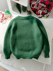 Girls Cute Santa Claus Embroidered Round Neck Long Sleeve Knit Pullover Sweater, Suitable For Christmas, Daily Wear, Party, Spring, Autumn, Winter - Green - View 2