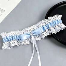 Bridal Wedding Garter, Women's Lace Bow Thigh Garter, Elastic Floral Rhinestone Leg Accessory, Wedding Gift, Bridal Shower - Blue and White - View 11
