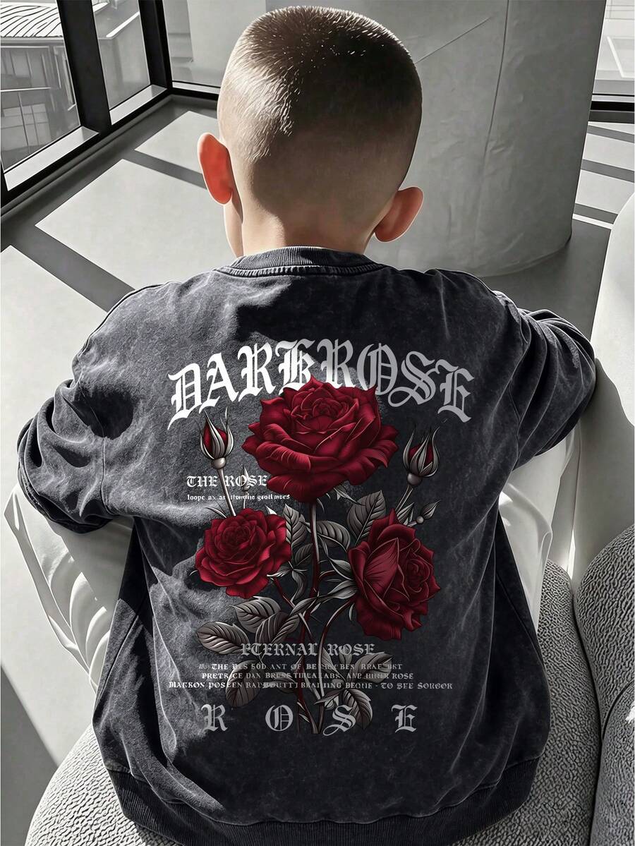 Tween Boy Vintage Red Rose Design Print Crew Neck Sweatshirt, Autumn And Winter Fashion Comfortable Top - Black - View 1