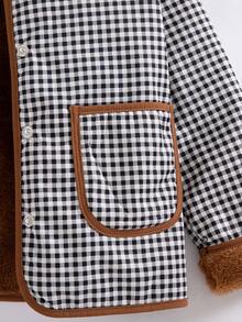 Girls' Casual Fashion Plaid Round Neck Snap Button Design Thermal Lined Thick Jacket, Autumn/Winter - Coffee Brown - View 7