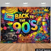 2d Plane Retro 90' S Hip-Hop Theme Party Banner Background Back To 90' S Hip-Hop Theme, Including Tape Vinyl Retro Tape Recorder Gold Chain Crown Design, Very Suitable For Various Festivals Banner Background. - 1 - View 8