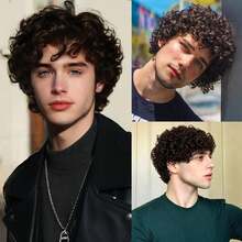 Men'S Fashion Curly Wave Short Wig, Heat Resistant Synthetic Fiber, Business Casual Role Play, Multi-Functional With Rose Net Cap, 150% Density Sports Style Hairpiece - Multicolor - View 8