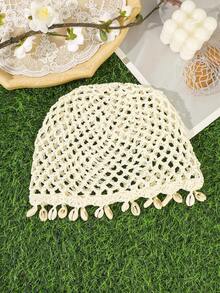 1pc Boho Hollow Crochet Hair Cap With Natural Cowrie Shell Tassels,Women Mesh Knit Turban Hat,Suitable For Everyday Outings Head Vacation For Beach - Multicolor - View 5