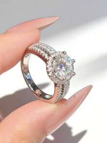 ConiiW 1pc 925 Sterling Silver 2ct/3ct Round Moissanite 6-Prong Fashion Ring - Silver - View 3