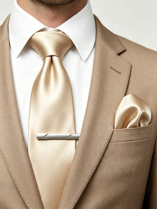 3pcs Men's Champagne Color Tie, Pocket Square, Tie Clip Set, Suitable For Business, Commute, Banquet, Cocktail Party, Wedding