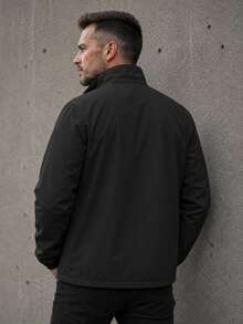 Men's Black Sports Outdoor Jacket, Stand Collar Zipper Windproof Casual Outerwear - Black - View 2