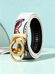 47 Inch Men's PU Faux Leather Automatic Buckle Belt, Shark Mouth Graffiti Print Belt - Multicolor - View 9