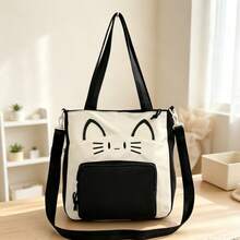 Tas Tote Unisex Kapasitas Besar, Ransel Pelajar Gaya Kuliah, Tas Bahu & Selempang Kasual - Hitam dan Putih - View 9