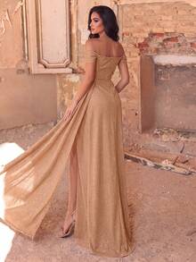 Faeriesty Shiny Open Shoulder Side Draped Formal Dress Party Wedding Elegant Fall - Champagne - View 2