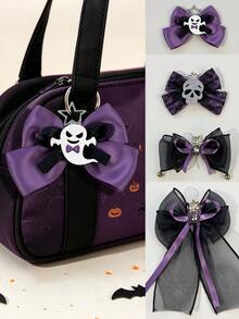 1pc Halloween Themed Satin Bow Hair Clip With Ghost, Skull, Star Decor, Mesh Ribbon Design, Back To School, Travel, Photo Shoot, Dark Aesthetic Style Accessory - Multicolor - View 2