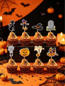 24PCS Halloween Cupcake Decorations, Spider Webs, Pumpkin Toppers, Party Decorations, Suitable For Holiday Party Decoration, Atmosphere Props - Multicolor - View 5