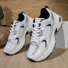 American Retro Contrast Color Running Shoes, Mesh Breathable, Thick Bottom Cushioning, Campus, Street, Daily Wear Template, Running Shoes To Grasp The Relaxation Feeling, 5cm High Casual Shoes - 黑色 - 查看 1