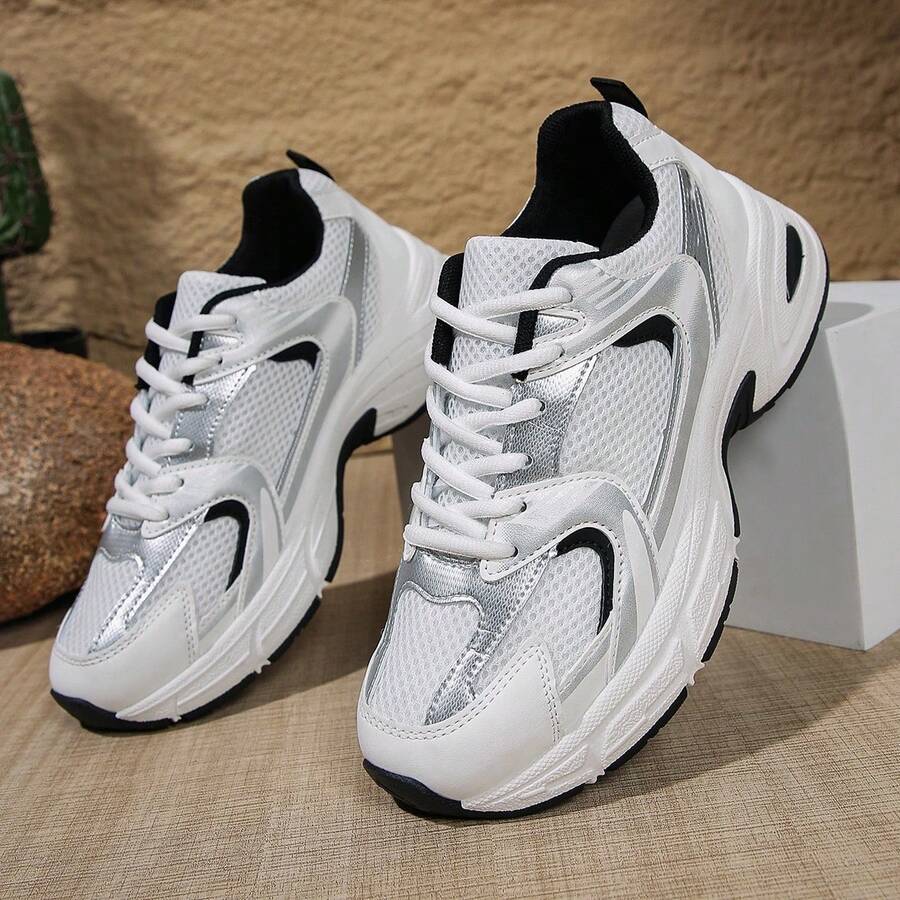 American Retro Contrast Color Running Shoes, Mesh Breathable, Thick Bottom Cushioning, Campus, Street, Daily Wear Template, Running Shoes To Grasp The Relaxation Feeling, 5cm High Casual Shoes - 黑色 - 查看 1
