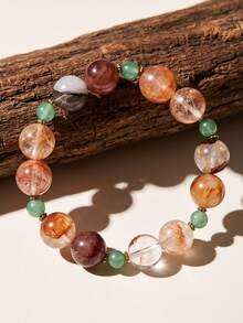 1 Pc Fall Decor Natural Mixed Crystal Stone Beaded Bracelet Red Phantom Quartz Green Aventurine Round Beads Healing Bracelet Fall Style Jewelry Women - Bracelet - View 5