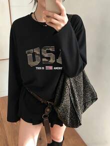 Women's Fashion Autumn/Winter Loose Fit Multi-Function Letter Print Long Sleeve T-Shirt Casual Black - Black - View 5