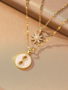 2pcs/1set Luxury Minimalist Gold-Plated Necklace, Rhinestone Eight-Pointed Star Infinity Symbol Round Double Layer Stacked Pendant Collarbone Chain, Multi-Element Necklace Perfect For Daily / Party / Gift-Giving Exquisite Jewelry Unique Accessory - Multicolor - View 1