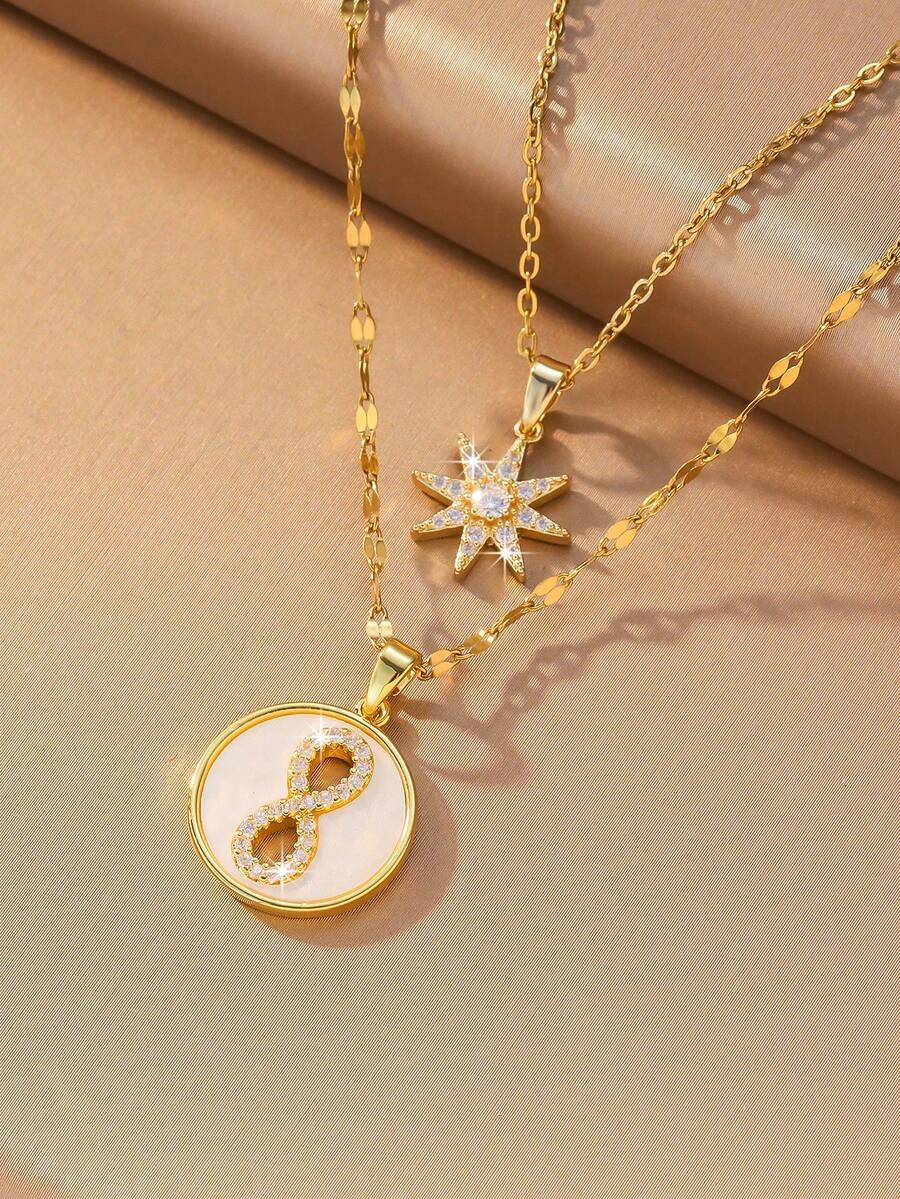 2pcs/1set Luxury Minimalist Gold-Plated Necklace, Rhinestone Eight-Pointed Star Infinity Symbol Round Double Layer Stacked Pendant Collarbone Chain, Multi-Element Necklace Perfect For Daily / Party / Gift-Giving Exquisite Jewelry Unique Accessory - Multicolor - View 1