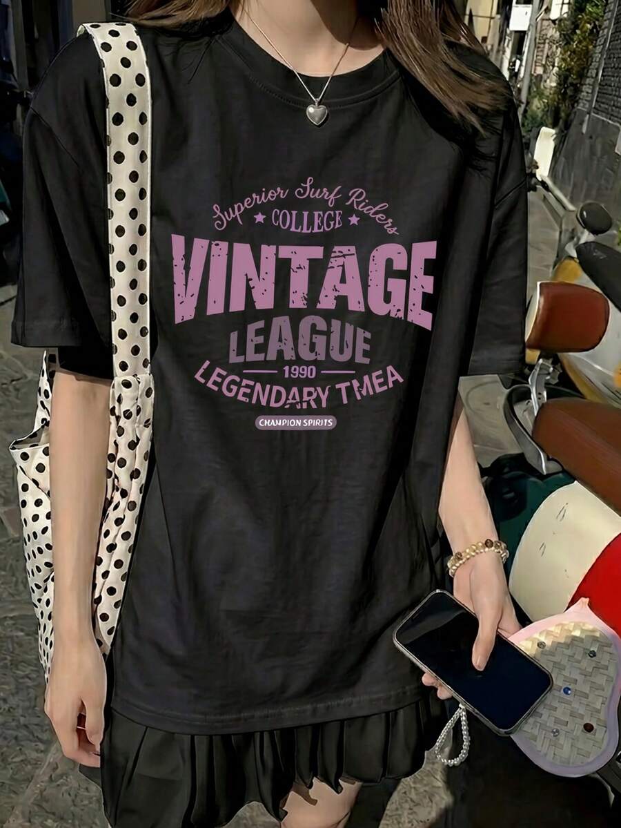 Women's Loose Short Sleeve Casual Basic T-Shirt, Designer Cartoon Graphic Print, Daily Fashion Top - 黑色 - 查看 1