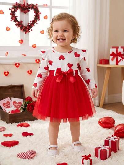 Baby Girl Valentine's Day Cute Heart Print Top With Mesh Patchwork Dress And Belt