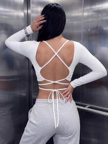 Women's Casual Tie-Front Slim Fit Short T-Shirt, Suitable For Autumn/Winter Daily Wear, Outing, White - White - View 6