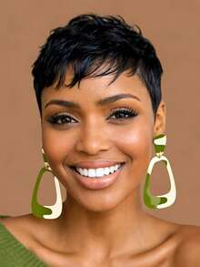 1B Black, 1B27, 1B30 Colorful Brazilian Human Hair Short Pixel Wig, Suitable For Daily Fashion Layered Short Hair With Bangs, No Front Band, Ready-To-Wear Human Hair Wig - Multicolor - View 1