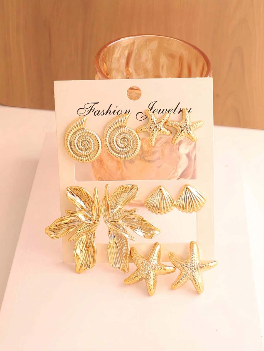 1/5 Pairs Gold Starfish & Seashell Stud Earrings, Left & Right Gold Earring Set, Ideal For Daily Wear, Travel, Vacation Or Gift For Friends And Family - Gold - View 1