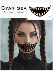 1pc Halloween Dark Demon Sharp Tooth Mouth Face Decor Rectangle Temporary Tattoo, Fake Tattoo For Party, Music Festival & Grad Gifts, Lasts 3-5 Days - Multicolor - View 1