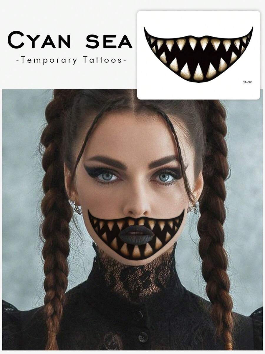 1pc Halloween Dark Demon Sharp Tooth Mouth Face Decor Rectangle Temporary Tattoo, Fake Tattoo For Party, Music Festival & Grad Gifts, Lasts 3-5 Days - Multicolor - View 1