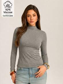 Women's Solid Color Mock Neck Long Sleeve T-Shirt, Slim Fit Elastic Slimming Top, Simple Versatile Daily Base Layer Casual - Dark Grey - View 5