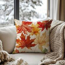 1pc Autumn Maple Leaf Print Pillowcase, Vibrant Autumn Leaf Design With Red, Orange, Yellow And Green Leaf Pattern, Machine Washable Polyester Material, Suitable For Living Room Sofa, Bay Window, Thanksgiving Atmosphere Decoration, Zipper Closure, Double-Sided Print, Machine Washable (Inner Core Not Included) - Multicolor - View 6