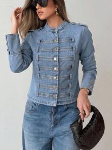 Nueva chaqueta corta de denim lavado con diseño de botones metálicos acanalados y tirantes para el hombro estilo High Street - Azul lavado medio - Ver 3