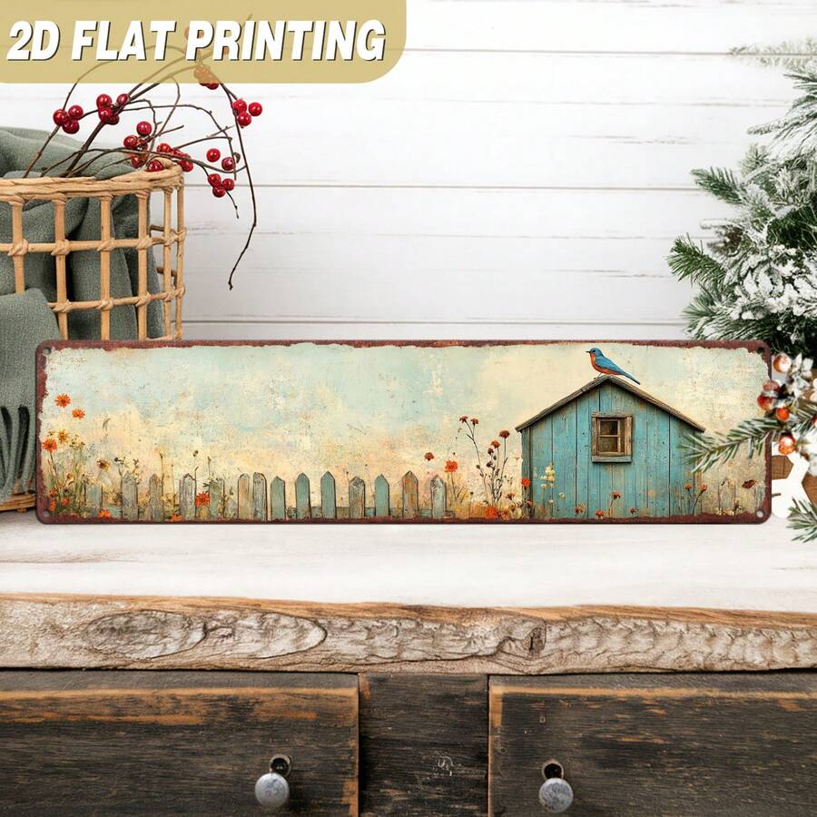 1pc Rustic Blue Bird House Metal Sign - Vintage Farmhouse Wall Decor, Suitable For Home, Country Style Decoration Sign, Farmhouse, Living Room, Bedroom, Entryway Rustic Wall Decor, Iron Material, 2D Flat Design, Random Hole Position