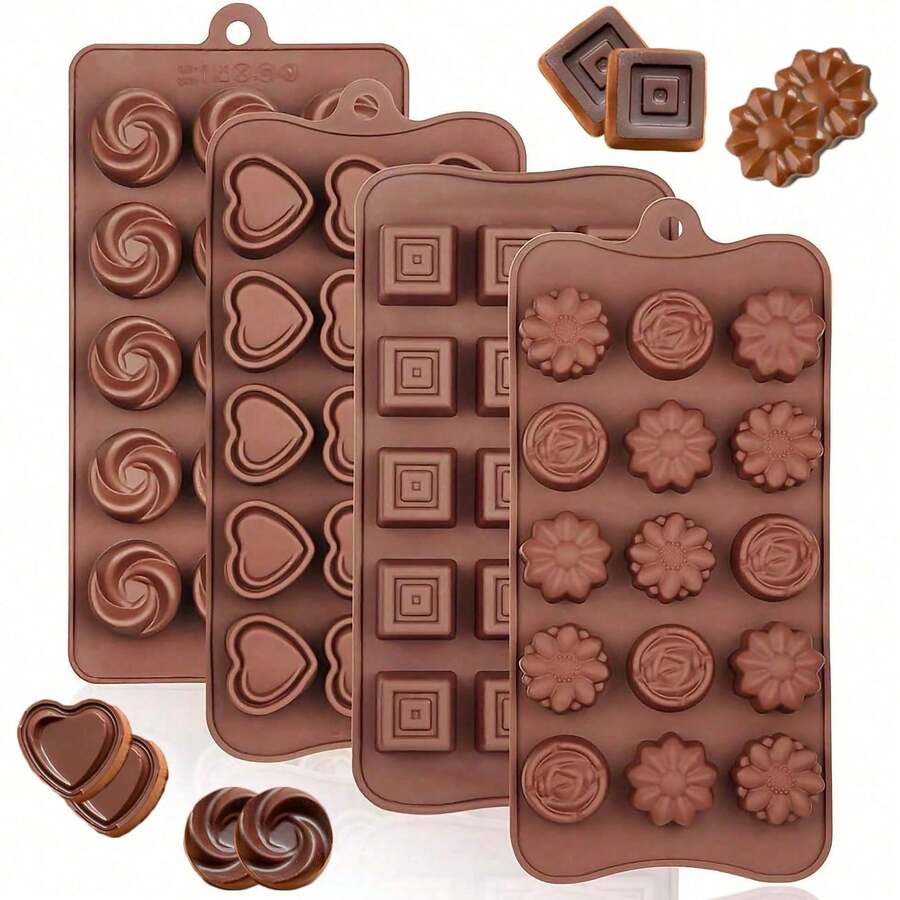 4pcs Multi-Design Silicone Chocolate Molds, Non-Stick Flexible Candy & Butter Baking Molds, 4 Unique Patterns, Suitable For Homemade Dessert DIY - Multicolor - View 1