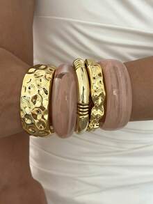 5 peças/1 peça Conjunto de Pulseiras Vintage Elegante Casual Feminino em Dourado CCB e Acrílico Rosa, Adequado para Uso Diário - Multicolorido - Visão 2