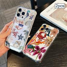 2pcs Ocean Print Card Holder Phone Case TPU Shockproof Full Coverage Precise Protection Cover Compatible With Apple 11/12/13/14/15/16/17 Pro Max - Clear - View 3