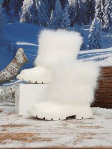 1 Pair New Autumn/Winter White Fluffy Long Fur Decor Soft Comfortable Thick Sole Fashion Casual Short Boots For Girls - White - View 1