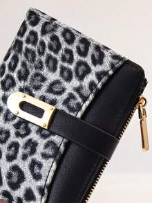 Women's Long Colorblock Patchwork Wallet, Fashionable Leopard & Tree Print Multi-Function ID Card Holder, Exquisite Fashion Snap Closure Large Capacity Zipper Card Wallet Coin Purse, Lightweight & Convenient For Young Students, Suitable As Holiday Gift - Black - View 2