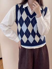 Women's Autumn Casual Minimalist Diamond Pattern V-Neck Pullover Vest Vacation - Navy Blue - View 4