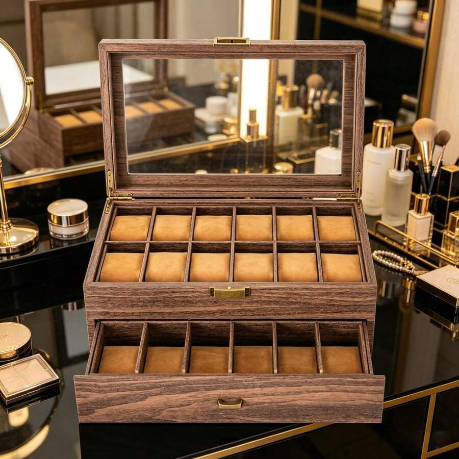 2-Tier Brown Rustic 24 Slot Watch Storage Box With Cushion Pillows, PU MDF Glass Watch Display Case For Household & Retail Jewelry Storage - Brown - View 1