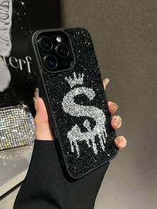 1pc Purple Letter S Solid Color Soft Touch Rhinestone Anti-Drop 2-In-1 Phone Case Compatible With 15promax/17promax/18 - Purple - View 2