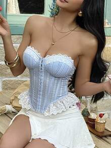 INS Sweet Fresh Slimming Lace Trim Camisole Corset Lingerie For Women - Baby Blue - View 2