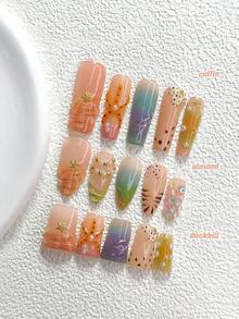 10片島嶼貝殼風手工穿戴甲，Polygel美甲套組，海星珍珠圖案，橘黃色，度假風，含美甲工具，3種尺寸可選，杏仁/鴨嘴/棺材形，適合派對、跳舞、日常佩戴 - 彩色 - 查看 1