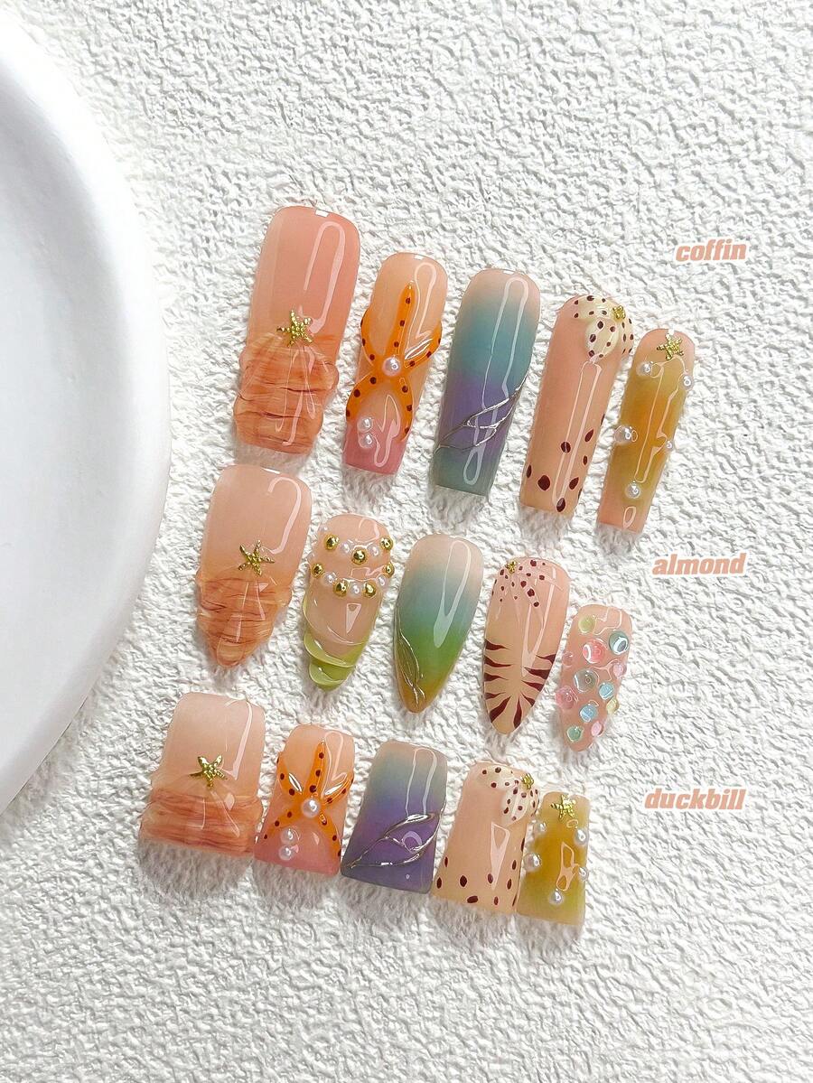 10片島嶼貝殼風手工穿戴甲,Polygel美甲套組,海星珍珠圖案,橘黃色,度假風,含美甲工具,3種尺寸可選,杏仁/鴨嘴/棺材形,適合派對、跳舞、日常佩戴 - 彩色 - 查看 1