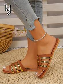 Women's Summer Hollow Metal Strap Flat Slip-On Square Toe Casual Outdoor Beach Sandals - Gold - View 4