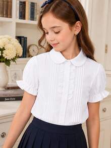 Girls' White Peter Pan Collar Ruffle Short Sleeve Blouse, Front Pleated Button Design School Uniform Top, Suitable For Back To School, Parties And Ceremonial Occasions - White - View 3