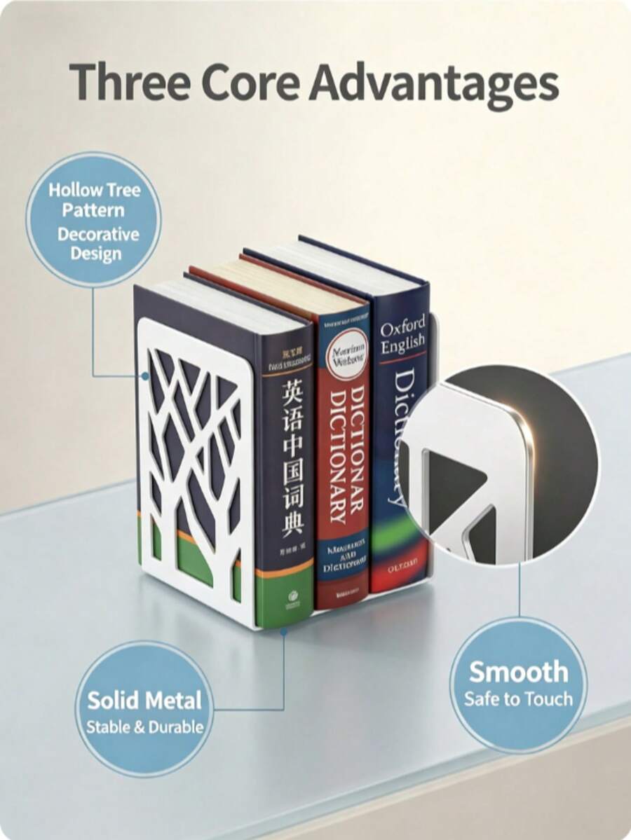 Iron Art Metal Hollow‑Cut L‑Shaped Tree‑Pattern Bookends, Decorative Desktop Book Stopper, Heavy‑Duty Book Holder For Magazines Notebooks, Desk Organizer For Student Home Office Library Stationery Supplies - Sets - View 1