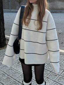 Live To Mo Women's Casual Striped Small Stand Collar Knit Top, Loose Drop Shoulder Long Sleeve Sweater, Suitable For Autumn Back To School, Daily And Outing Wear - Black and White Stripes - View 9